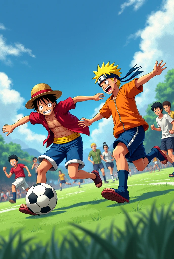 Create Luffy and Naruto playing football with friends