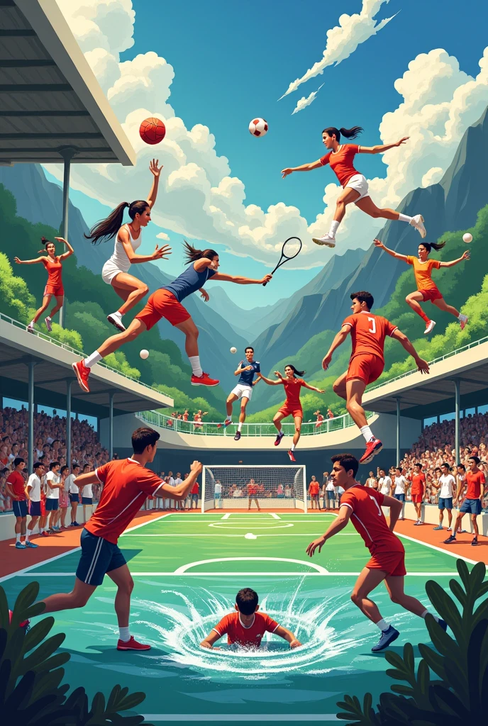 Crate a 2d image of showing various kind of sports like football tennis swimming shooting ect
