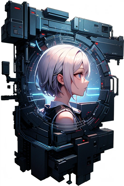 Highest quality,The perfect masterpiece,Perfect artwork,Official Works,8K,, (Upper Body Portrait:1.3),((Seen from the side:1.5)),close-up lens,Delicate face,, ,White-haired girl,(hakuhatsu:1.5),short and medium hair,((White transparent eyes:1.5)),(white dress:1.2),(Transparent clothing:1.2),(Black background:1.3),, pearl illusion,Cyberpunk,fashion trend,3s material,high-definition,detail representation,c4d,3D,octane rendering,ray tracing,complex details,animated lighting,OCrenderer,