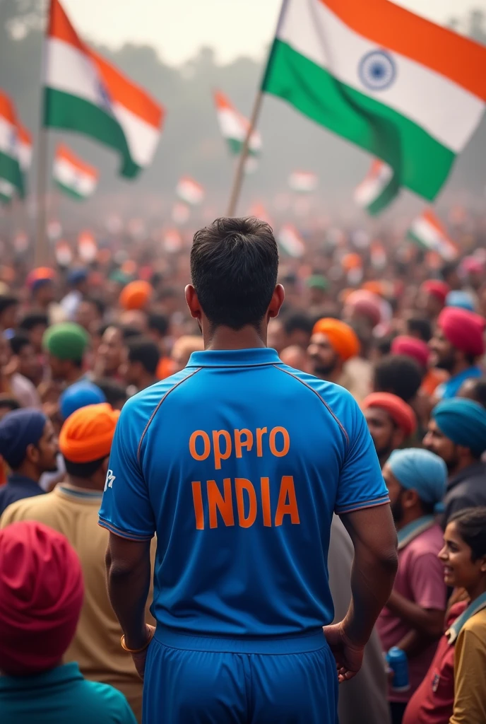 (The image depicts a large gathering where an Indian cricket player, identified as "Dhoni" by the name and number "07" on the back of his jersey, stands facing a large crowd of people. The player is wearing the Indian national cricket team's blue uniform with the "OPPO INDIA" logo. The crowd includes various individuals, some wearing turbans, Indian flags, and others in regular clothes, expressing excitement and admiration.