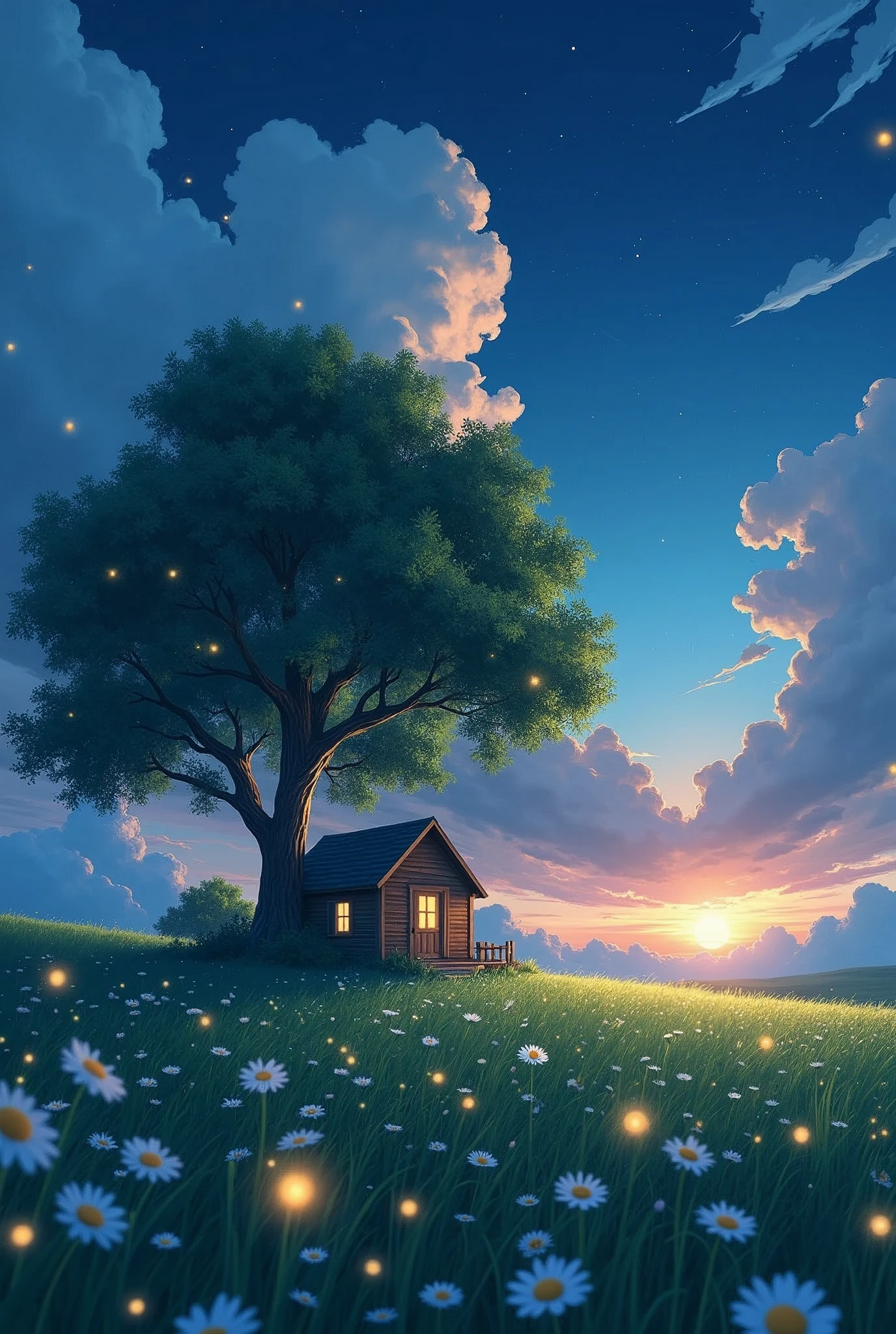 anime-realistic scene of a cabin under a tree, in a field with daisy flowers, that serene night, quiet, clouds, with some small fireflies emerging from the grassland,ULTRA Style Kilian Eng and Thomas Kinkade, Rob Gonsalves and Tim White , silvain sarriel. Rhads and Thomas Kinkade, inspired by RHADS, cyril rolando and m.I&#39;m confused, cyril rolando and m. I&#39;m confused, Rhads!!!, animated background, animated background art, beautiful anime scene, sobre las clouds, Kilian Eng y Thomas Kinkade, Rob Gonsalves y Tim White., silvain sarriel, Rhads y Thomas Kinkade, inspired by RHADS, cyril rolando and m.I&#39;m confused, cyril rolando and m. I&#39;m confused, Rhads!
