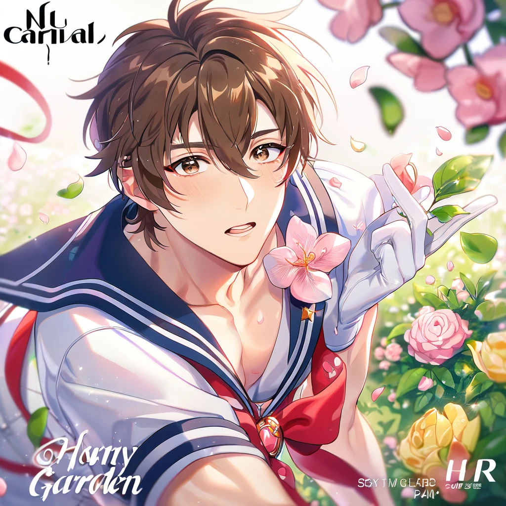 absurdres, highres, ultra detailed, HDR, master piece, best quality, extremely detailed, detailed eyes, Eiden, brown hair, expressive brown eyes, Nu Carnival, solo, sexy man, handsome, horny, fantasy, accessories, long white gloves, sailor moon uniform, white shirt, red ribbon, spring, flowers, green leaves, magical garden, white fantasy, petals, sailor moon