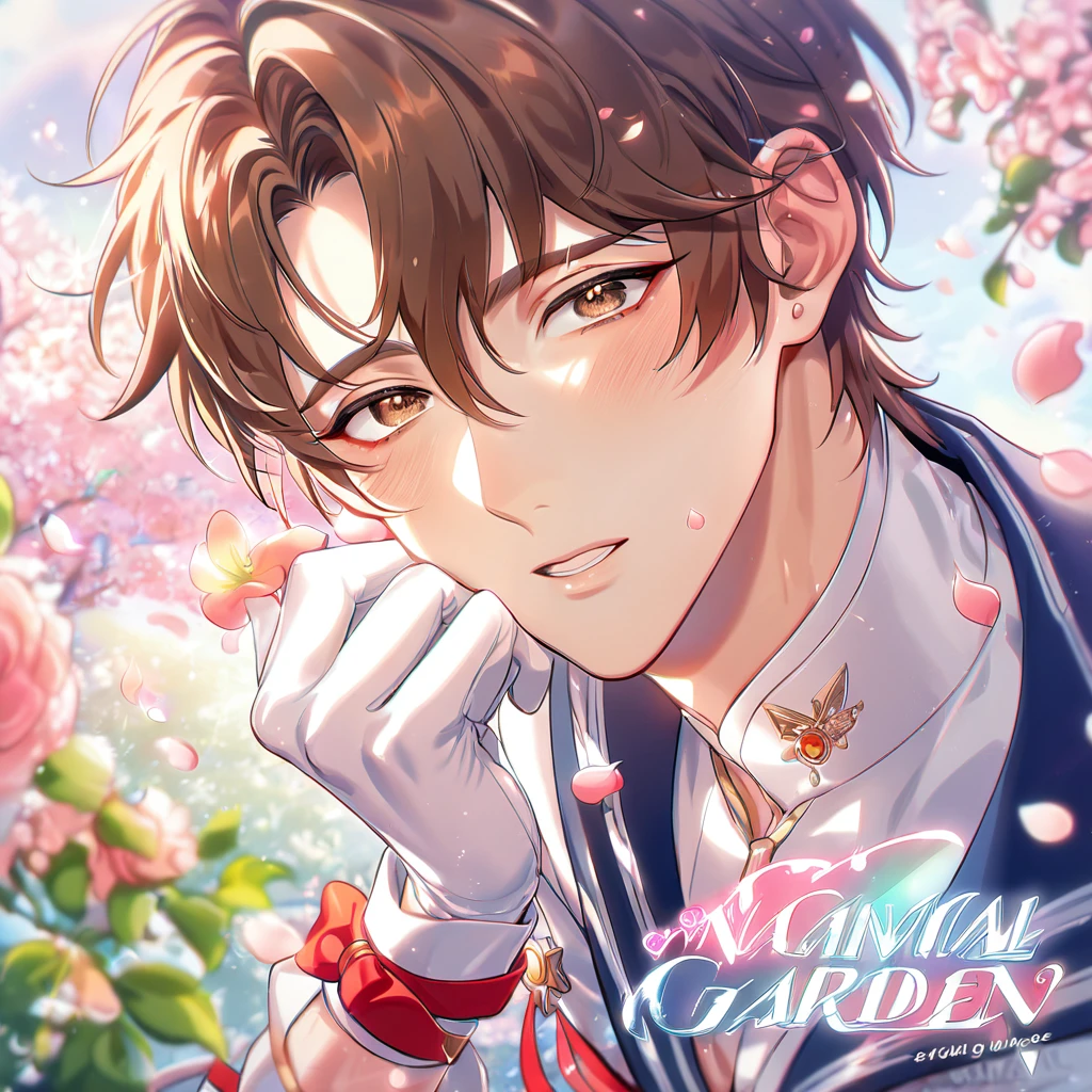 absurdres, highres, ultra detailed, HDR, master piece, best quality, extremely detailed, detailed eyes, Eiden, brown hair, expressive brown eyes, Nu Carnival, solo, sexy man, handsome, horny, fantasy, accessories, long white gloves, sailor moon uniform, white shirt, red ribbon, spring, flowers, green leaves, magical garden, white fantasy, petals, sailor moon