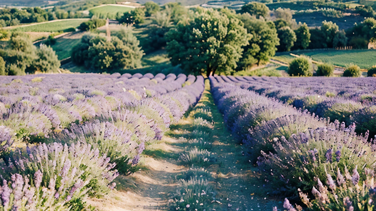 a lavender field in Provence, rows of fragrant purple flowers, clear blue sky, dreamy, peaceful, serene, idyllic landscape, rolling hills, warm sunlight, golden hour, impressionistic, pastel colors, atmospheric, ethereal, calming, relaxing, beautiful details, delicate petals, soft focus, natural setting, tranquil, romantic, whimsical, wanderlust, travel destination