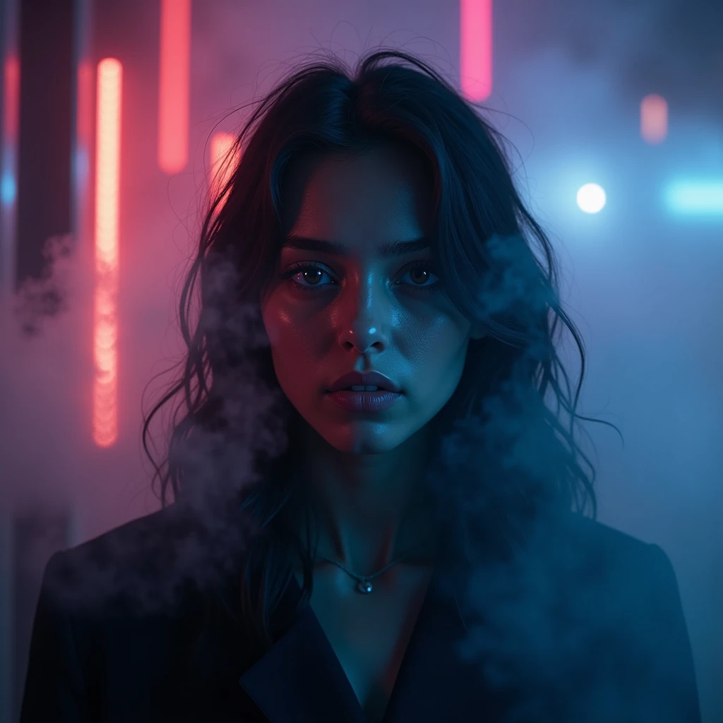 cover for the track called "What you know?" (Young woman, neon, blurred background, blurred foreground, Swirling fog, beautiful dynamic dramatic dark moody lighting, volume, shadows, cinematic atmosphere, depth of field:1.3)