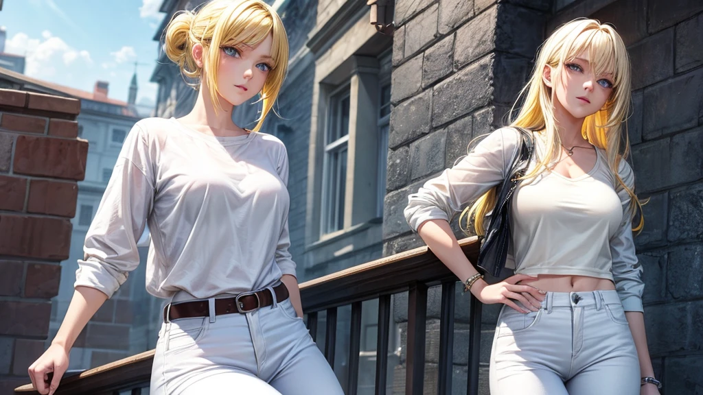 Yellow hair, blue eyes, white jeans, casual heroine