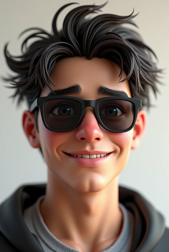 A teenage male with dark brown eyes, with broken hair, thick lips, high, thin and with a nice smile, put on oakley sunglasses,3d render
