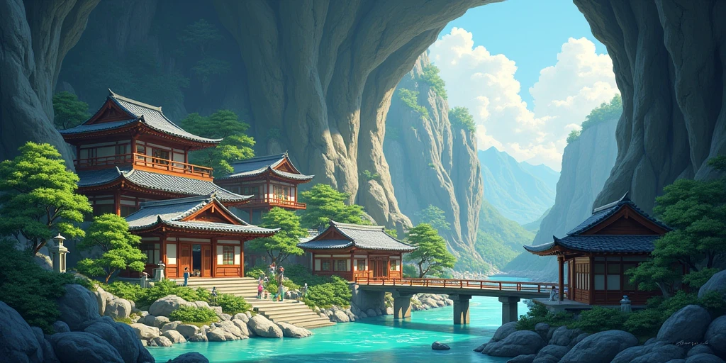 Concevez une région fictive utilisant différents frivoles composés d'un village de style japonais dans une grotte lumineuse, écrivez la zone 2D correspondante.
