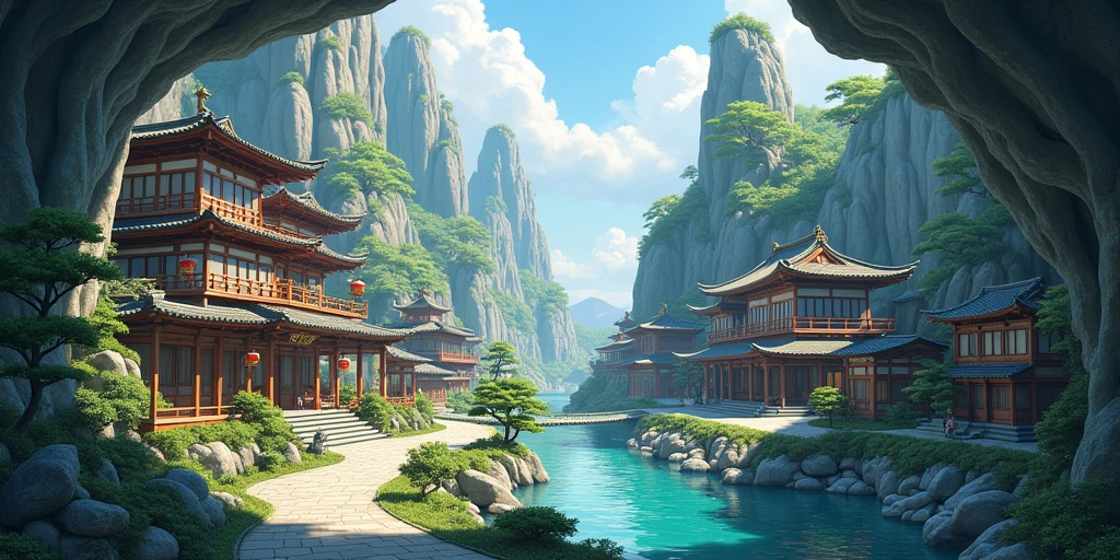 Concevez une région fictive utilisant différents frivoles composés d'un village de style japonais dans une grotte lumineuse, écrivez la zone 2D correspondante.