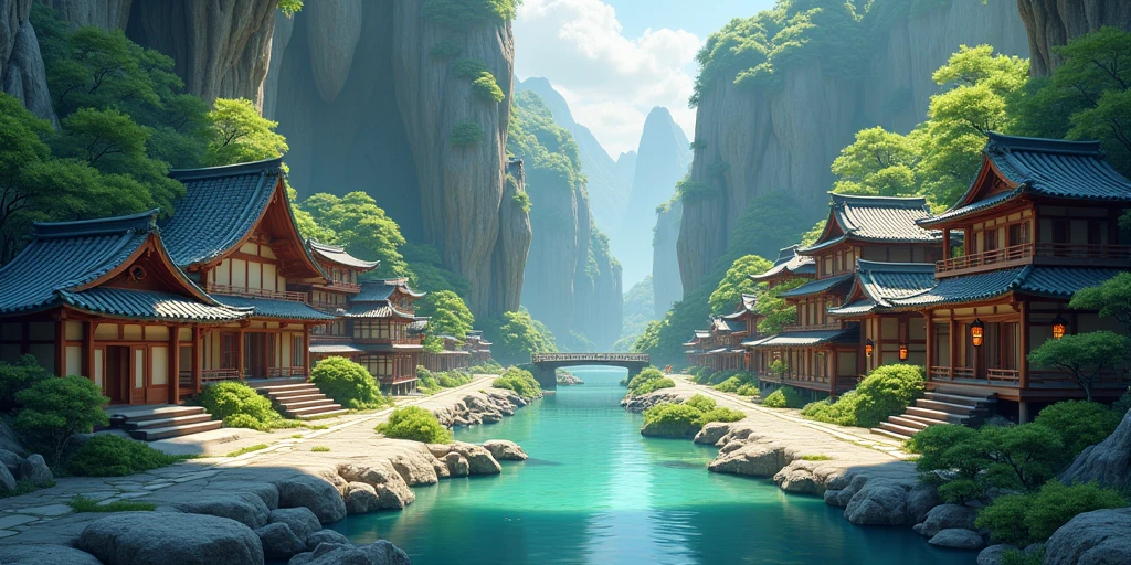 Concevez une région fictive utilisant différents frivoles composés d'un village de style japonais dans une grotte lumineuse, écrivez la zone 2D correspondante.