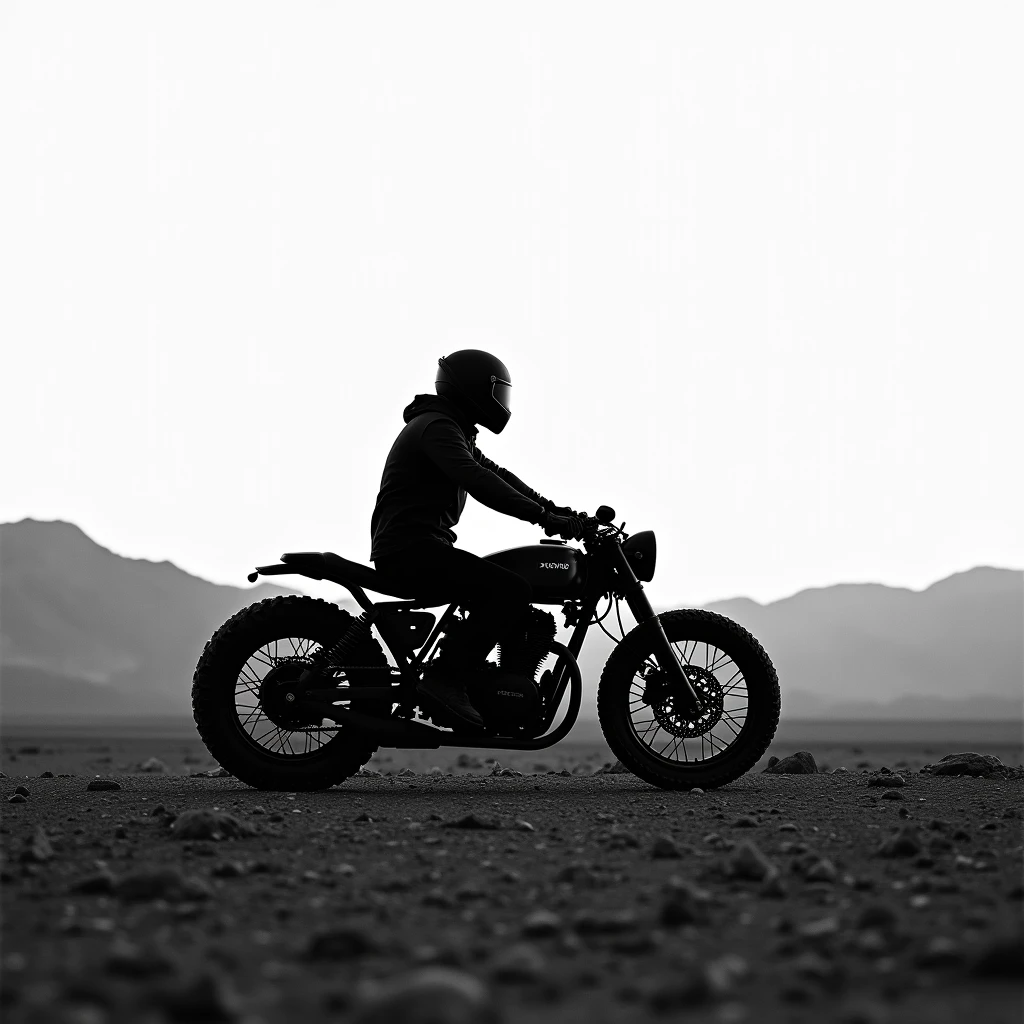 Create a black and white image of a solitary motorcyclist with a landscape background, but the motorcycle is in a naked style and type.