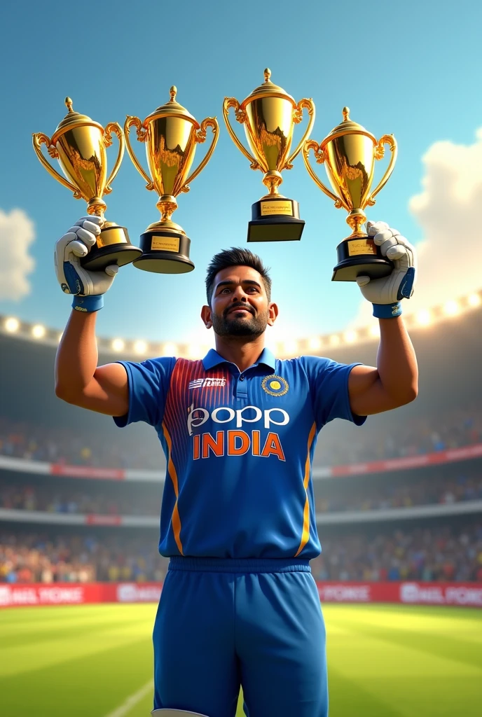 Create a celebration picture of dhoni with 5 ipl cup