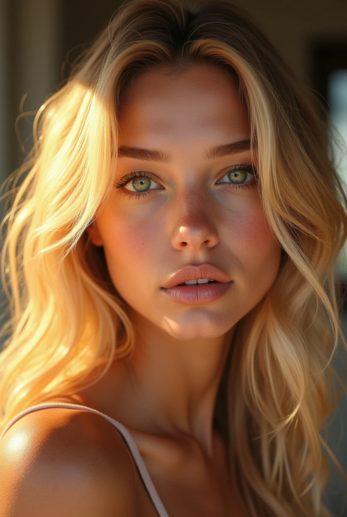 19-year-old blonde girl with luscious, sun-kissed balayage-styled locks cascading down her face, captivating bright green eyes, and a radiant, glowing complexion, posing in a beautifully crafted selfie, her features accentuated by soft, warm lighting with a subtle golden glow, reminiscent of the works of Cami_sensor's highly stylized, high-fashion portraiture, with the fine details and textures of Marta Nael's digital art, and the expressive, vibrant color palette of Olimpia Zagnoli's illustrations, hyper-realistic and highly detailed.