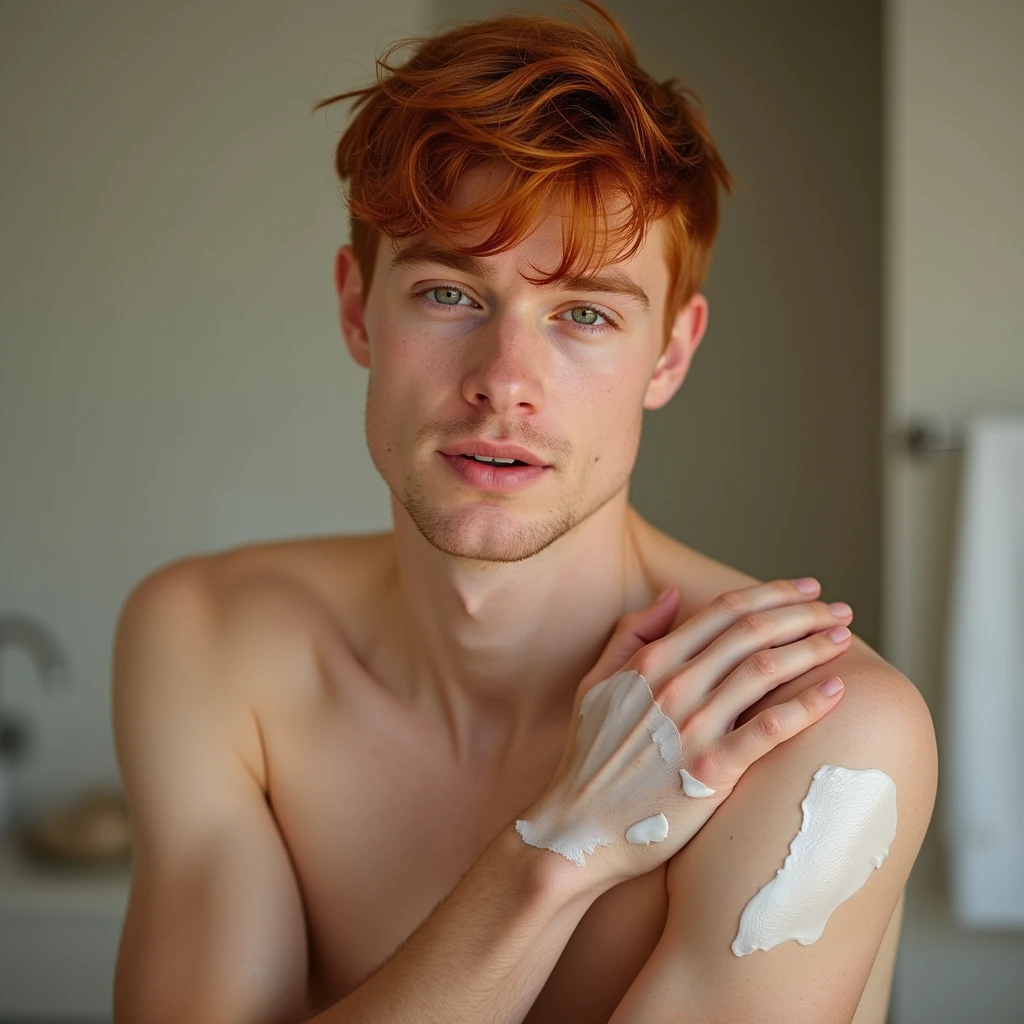 Young, red-haired man with a handsome face, sporting short, straight hair, and no shirt, applying lotion to his arms.