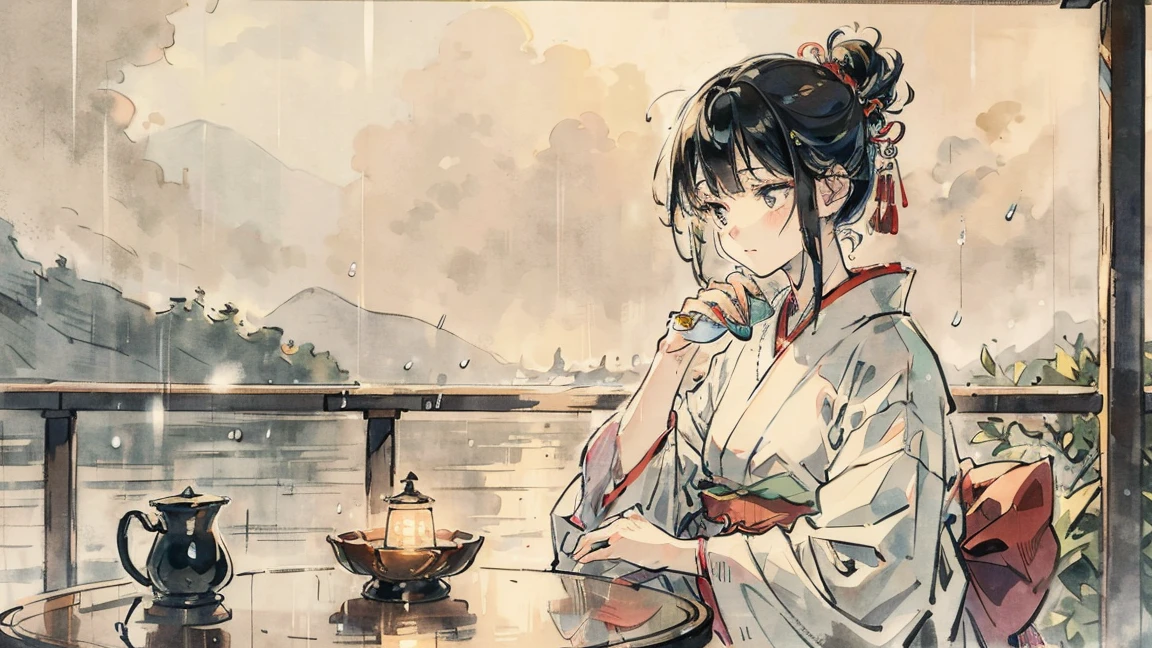 A very pretty Japanese woman in a kimono is sitting at a table on the deck of a ship,Outside, the rain is falling quietly The woman gazes at the rain with a quiet, gentle face. A single warm drink sits on the table. There is a nice soft light lamp on the table. Like Ukiyo-e