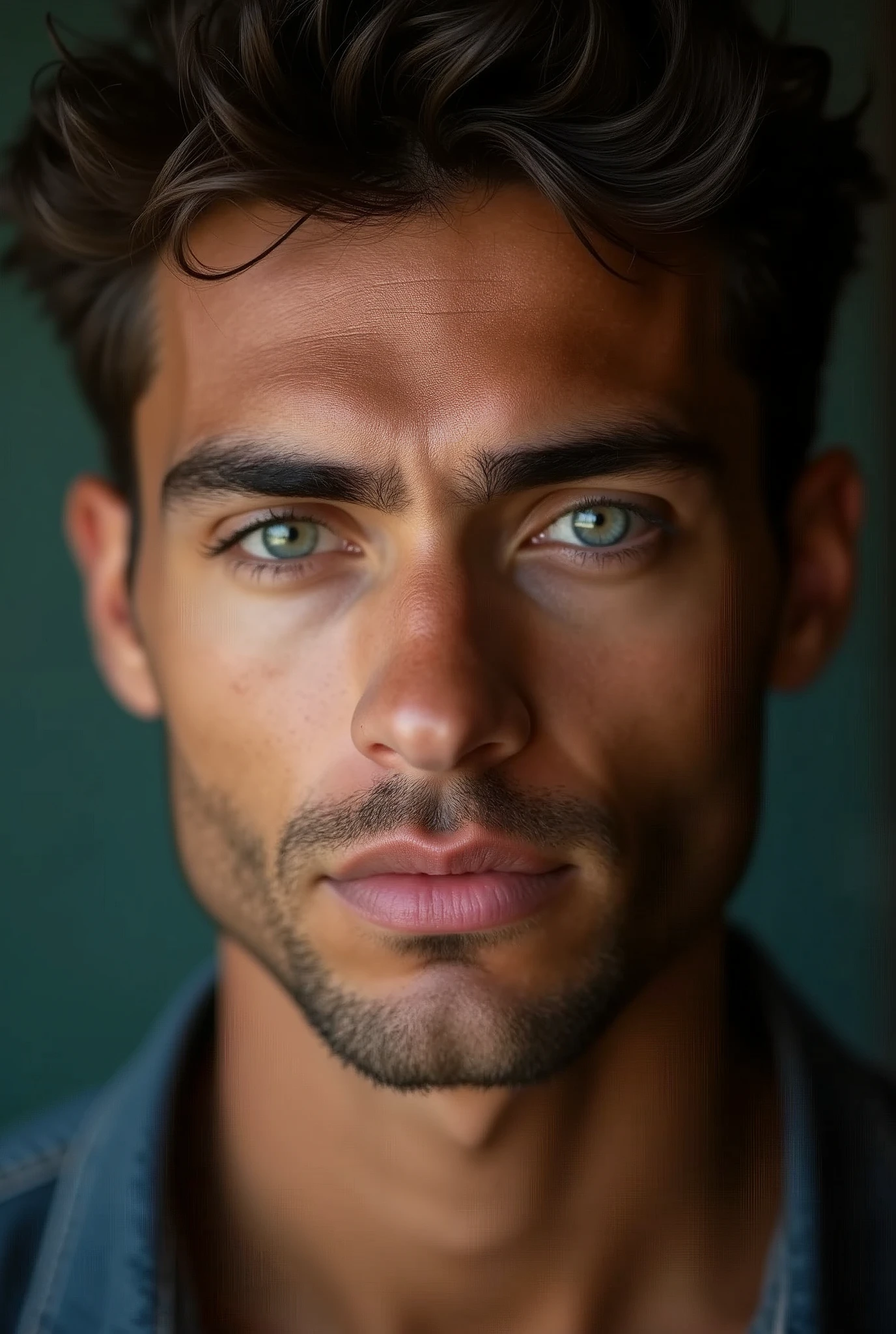 A 27 year old handsome man with brown skin and dark brown curly short hair heterochromia blue and green eyes shaved face sleek nose sharp cheekbones and jawline small smile
