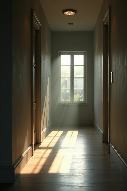 A closed door, with natural light filtering through a nearby window, creating a play of light and shadow on the floor of a hallway. The environment, although empty, suggests a moment of introspection and relief, as if a conflict has just been avoided.Realista,cinematic, 8k