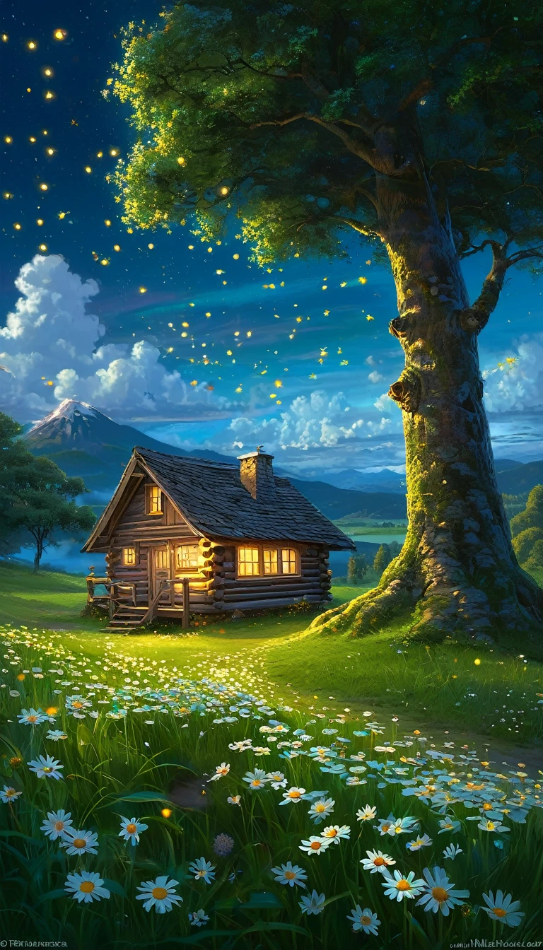 anime-realistic scene of a cabin under a tree, in a field with daisy flowers, that serene night, quiet, clouds, with some small fireflies emerging from the grassland,ULTRA Style Kilian Eng and Thomas Kinkade, Rob Gonsalves and Tim White , silvain sarriel. Rhads and Thomas Kinkade, inspired by RHADS, cyril rolando and m.I'm confused, cyril rolando and m. I'm confused, Rhads!!!, animated background, animated background art, beautiful anime scene, sobre las clouds, Kilian Eng y Thomas Kinkade, Rob Gonsalves y Tim White., silvain sarriel, Rhads y Thomas Kinkade, inspired by RHADS, cyril rolando and m.I'm confused, cyril rolando and m. I'm confused, Rhads!