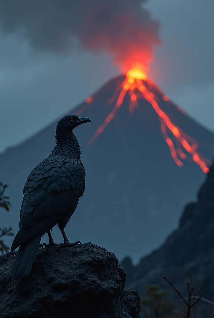 Zonate bird, watching a landscape of an active volcano, at night