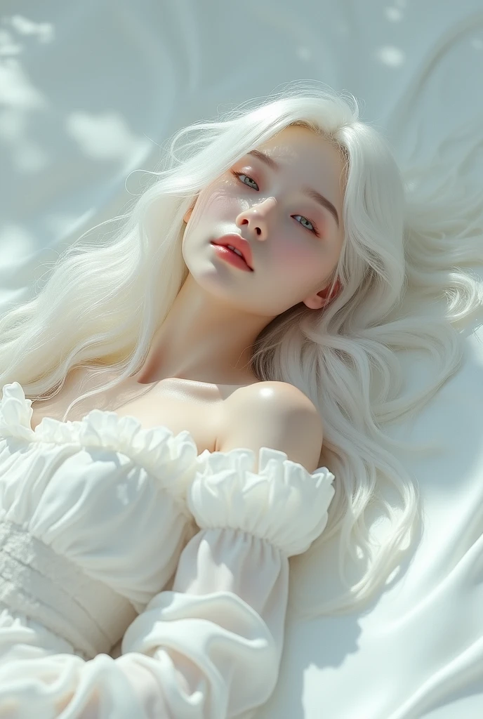 A 30-year-old woman lying on a white floor,Long Hair,White Dress,White skin,Double Eyes,Natural Makeup