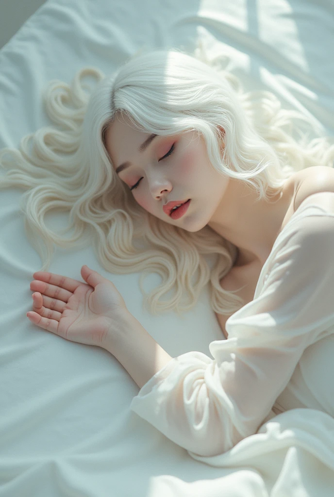 A 30-year-old woman lying on a white floor,Long Hair,White Dress,White skin,Double Eyes,Natural Makeup