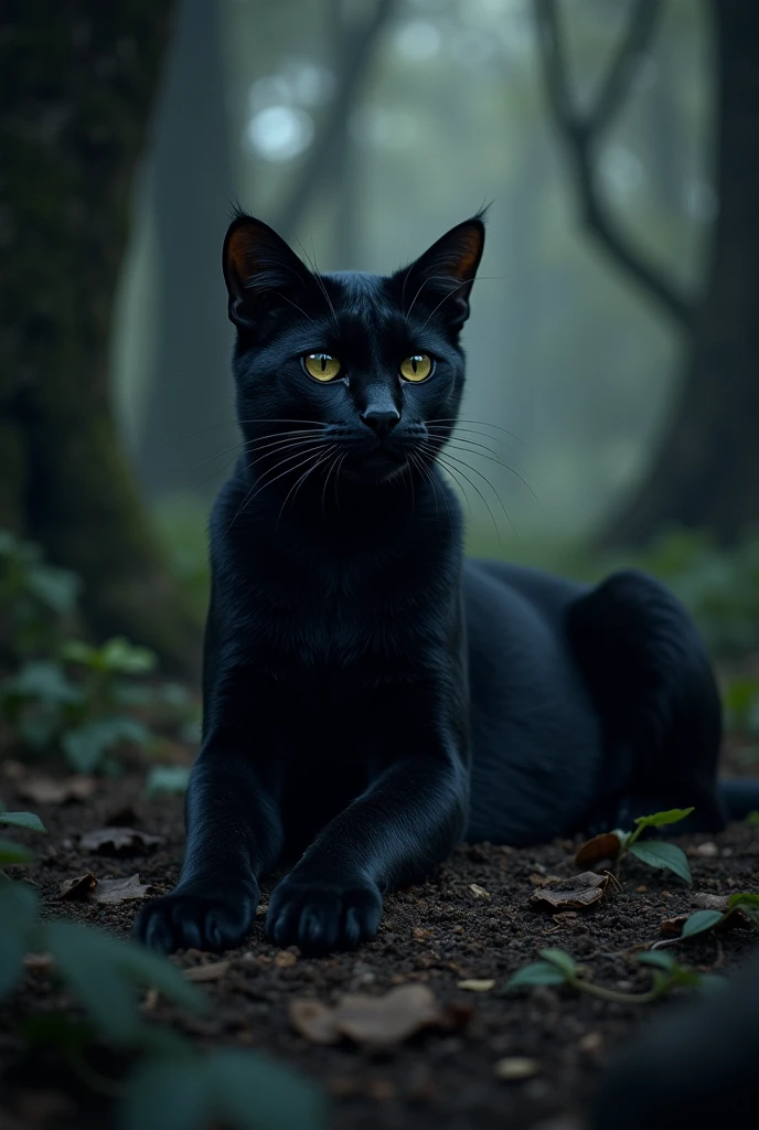 A black cat lay like a sphinx in a majestic pose, like a black panther watching its prey amidst a shadowy forest.
