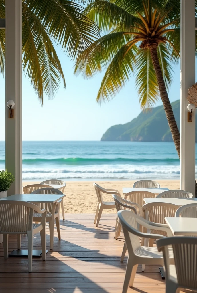 A beach side in kerala cafe with full standard design wight chairs and tables 