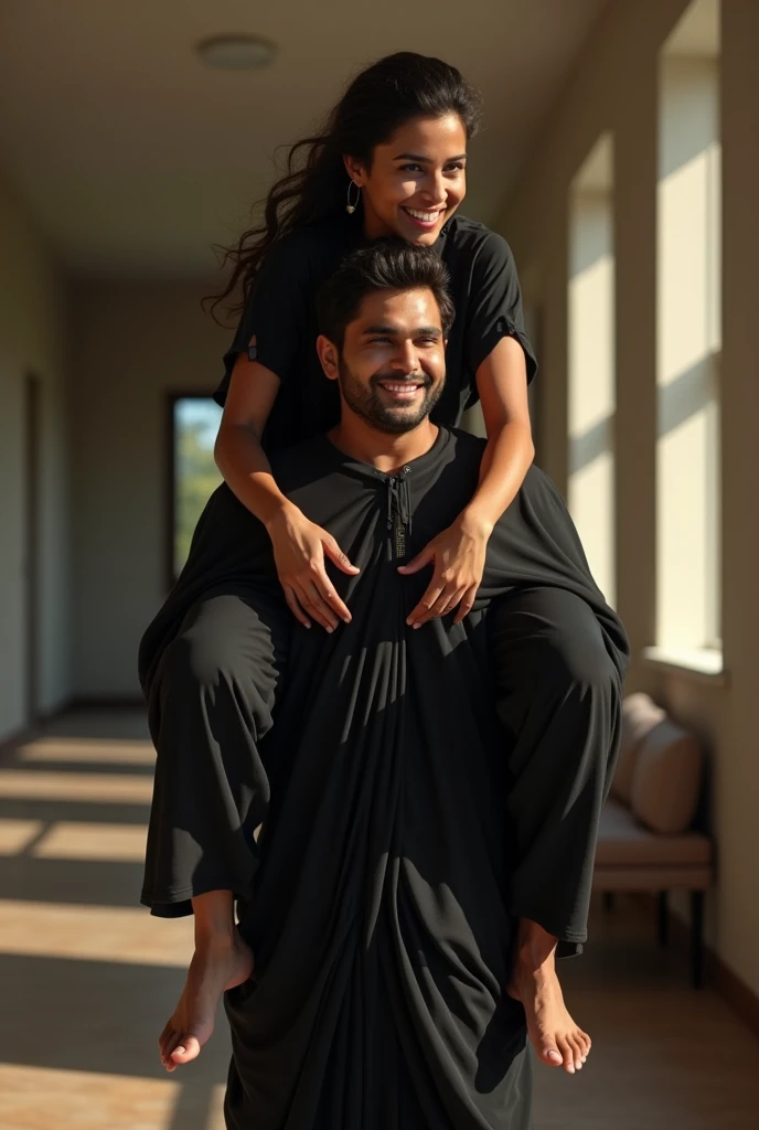 Create a scene where inside a room a fair, smiling and beautiful Indian woman in black satin salwar is carrying a large man on her shoulders, man is sitting on her shoulders , dynamic lighting