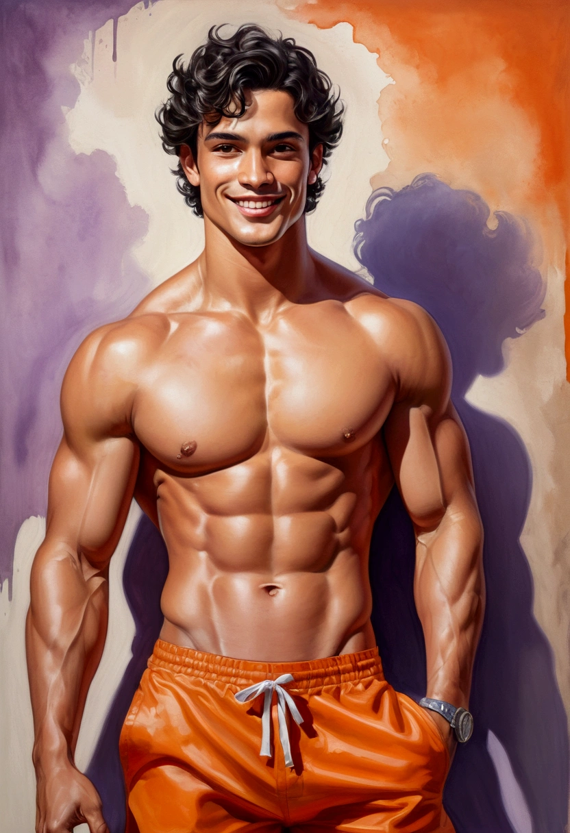 Ultra detailed illustration, (( young man in Roberto Ferri style,  Latino, slim toned fitness body, defined muscles, perfect anatomy, short black wavy hair, Roman nose, thin lips, square chin, diamond shaped face, barefoot, shirtless, wearing orange shorts, standing smiling starting to the camera,  in intense colors oil painting) (watercolors soft neutral colors  background, you can see an ultra intrincate detailed 16  wheels truck) evokes masculine hard work and confident