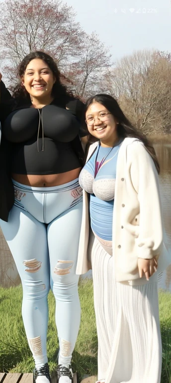 three women standing next to each other in front of a lake, standing next to water, taken in the early 2020s, taken in the late 2000s, with her long, with a figure in the background, very grainy image, full-body-shot, standing in a pond, taken in the late 2010s, very different height body, full body shot, Big , huge , no clothes, sexy, cute, wide hips, thick thighs, pear-shaped body, minimal clothes, thick, bbw, chubby stomach, thick nipples, nipple piercings, large areola, hard nipples, piercing through shirt, nipples hard through shirt, chubby stomach showing, tummy spilling over the side, muffin top, panties only, no pants, pants off, stomach too big for panties, small crop top shirt, major cleavage, nipples showing through shirt, very short crop top with fat stomach showing, extremely wide hips, thick hips, hips wide with fat stomach, different height bodies, full body shot, short and tall standing next to each other, mutliple girl full body, two fat girls standing next to each other