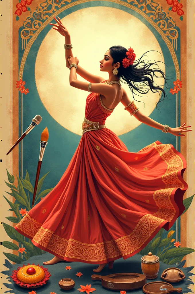 Please generate a poster background with instrument Veena, a microphone, a girl dancing mohiniyattam , a painting brush