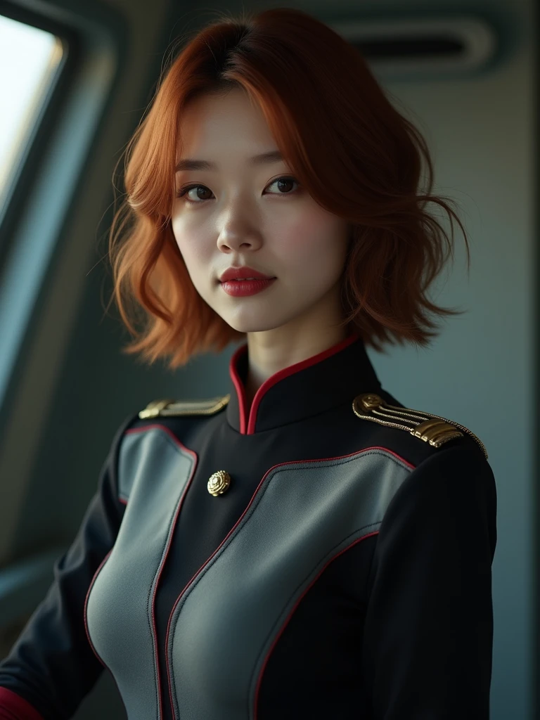 (Model shooting style), Lonely, Shiny Hair、 Extremely rich facial detail, 美Shii目, bright, さびShii目, Stunning beauty, (Rembrandt Lighting), ARRI Lenses, Surreal, (Skin with attention to detail:1.2),8k,ARRI ALEXA 35,White Promist, Dramatic Rim Light, high quality,とても繊細で美Shii, 素晴らShii, In detail, masterpiece, Very detailed, High resolution,Best Shot, Best Shadow,Complex,Sharp focus, high quality, alone.cute,美Shii肢体、Flexible muscles、美Shii尻、Lens flare,Beautiful breasts,Cool eyes,Glossy Lips,smile,Glowing Skin,Cinematography, Portrait Photography,
Earth Federation Forces。Lieutenant Matilda。Short reddish-brown hair。Black and gray two-tone uniform。Dark Eyes。Red Rouge。(brightグレーの制帽に地球連邦軍のエンブレム、Black brim。brightグレーの制帽。Red cuffs。Gold decoration on the collar。)
sexly。Slender。
Military ship 、Command Room。
Beauty。Beautiful breasts。Is saluting。In the left hand is the evaluation file.。
masterpiece、Highest quality、8k、uhd、High definition、Fine skin quality。Realistic、
From the waist up
(saluteをしている)、(Holding a file notebook under the arm)、Rin々Shii。The charm of an adult woman。salute。Put on a uniform cap。