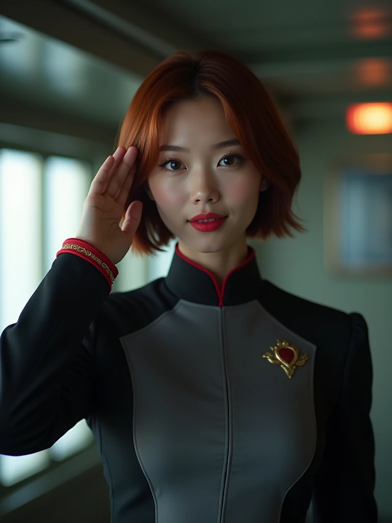 (Model shooting style), Lonely, Shiny Hair、 Extremely rich facial detail, 美Shii目, bright, さびShii目, Stunning beauty, (Rembrandt Lighting), ARRI Lenses, Surreal, (Skin with attention to detail:1.2),8k,ARRI ALEXA 35,White Promist, Dramatic Rim Light, high quality,とても繊細で美Shii, 素晴らShii, In detail, masterpiece, Very detailed, High resolution,Best Shot, Best Shadow,Complex,Sharp focus, high quality, alone.cute,美Shii肢体、Flexible muscles、美Shii尻、Lens flare,Beautiful breasts,Cool eyes,Glossy Lips,smile,Glowing Skin,Cinematography, Portrait Photography,
Earth Federation Forces。Lieutenant Matilda。Short reddish-brown hair。Black and gray two-tone uniform。Dark Eyes。Red Rouge。(brightグレーの制帽に地球連邦軍のエンブレム、Black brim。brightグレーの制帽。Red cuffs。Gold decoration on the collar。)
sexly。Slender。
Military ship 、Command Room。
Beauty。Beautiful breasts。Is saluting。In the left hand is the evaluation file.。
masterpiece、Highest quality、8k、uhd、High definition、Fine skin quality。Realistic、
From the waist up
(saluteをしている)、(Holding a file notebook under the arm)、Rin々Shii。The charm of an adult woman。salute。Put on a uniform cap。