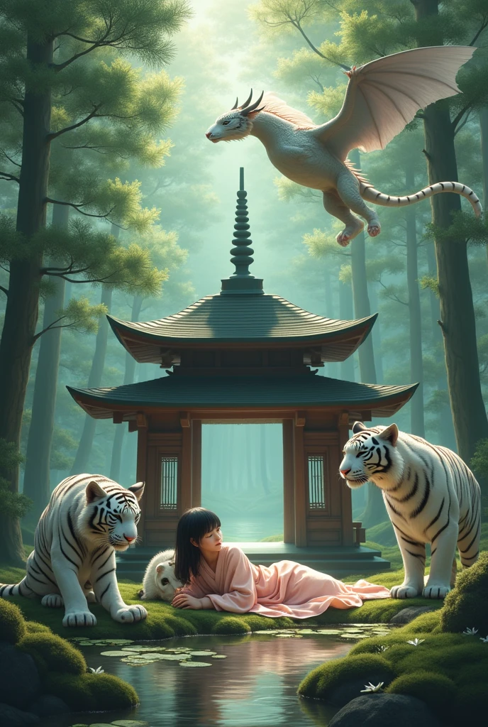 A space black-haired fairy girl in a kimono smiles and sleeps. A wooden Zen temple in the forest. Under the pine trees., A giant flying dragon,A large white tiger gently guards