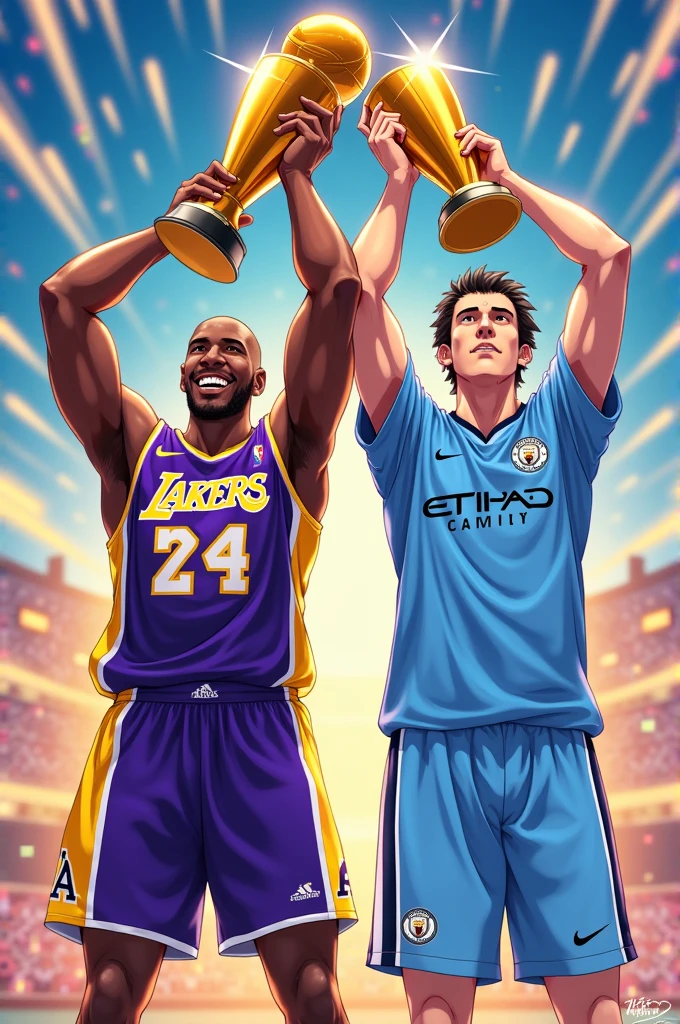 faça uma imagem do Magic Jhonson do time Los Angeles Lakers ao lado de Alan Oakes do time Manchester City, Magic Jhonson is holding the Champions League trophy and Alan Oakes is holding the NBA championship trophy, to be used as an anime or cartoon style wallpaper. Both wearing the uniforms of their respective teams