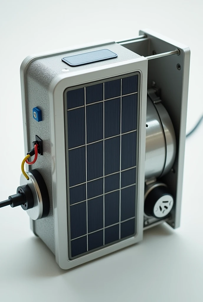 a portable machine with solar panel on one side that has mirror on the both side of the solar panel and hydroelectric turbine on the other side that the turbine is visible and an outlet or wire