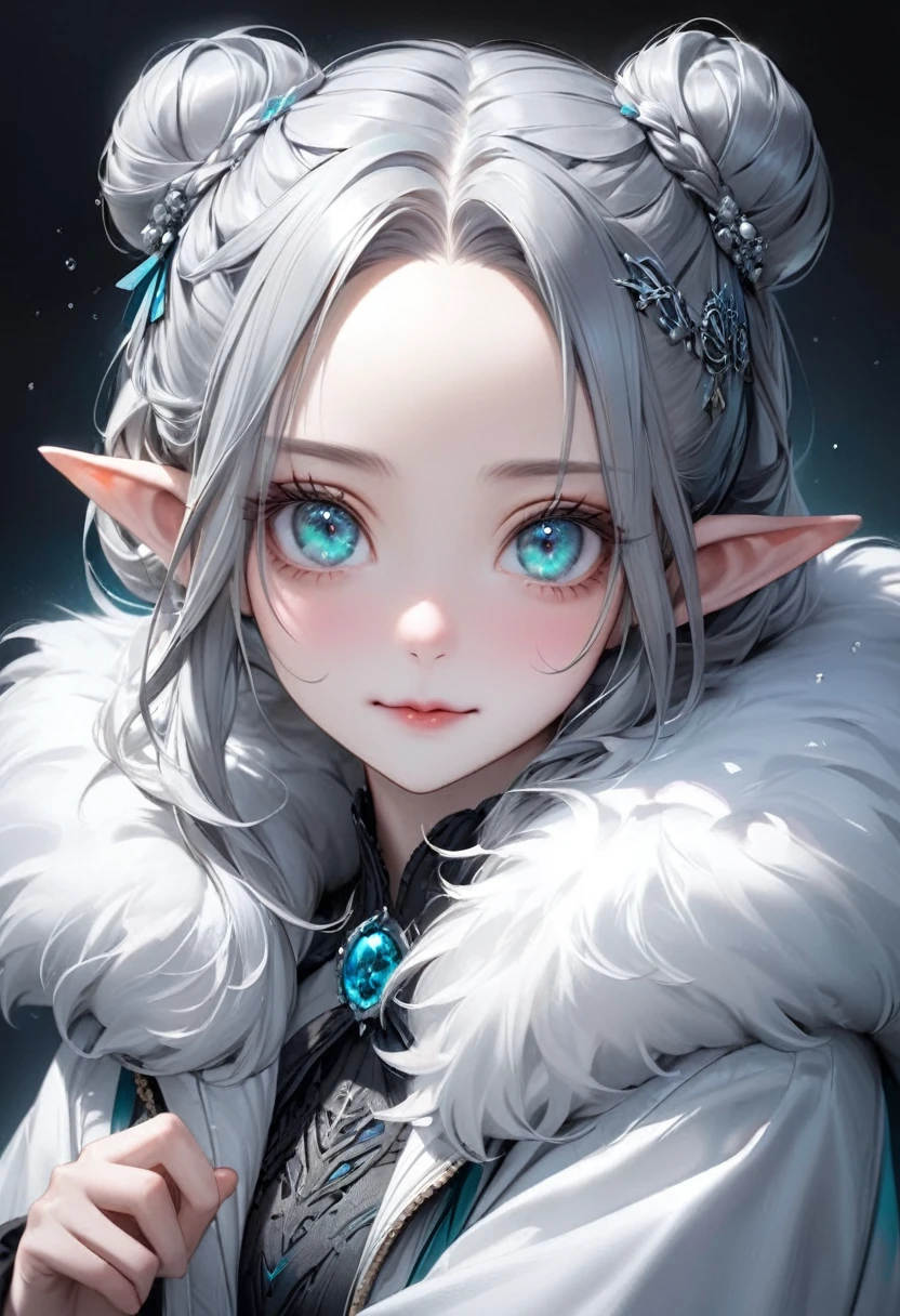 (masterpiece), (best quality half body), ultra realism, 1female, cold color scheme, looking at viewer, (silver_color_with_streaks_tied_bun_hairstyle, beautiful bangs, curls, forehead, hairclip), wearing Nordic fur, fur boots, Dracula teeth, elf ears, intricate detailed aqua eyes , pointy face, small eyes, soft smile, perfect anatomy, dynamic pose, intricate details,
