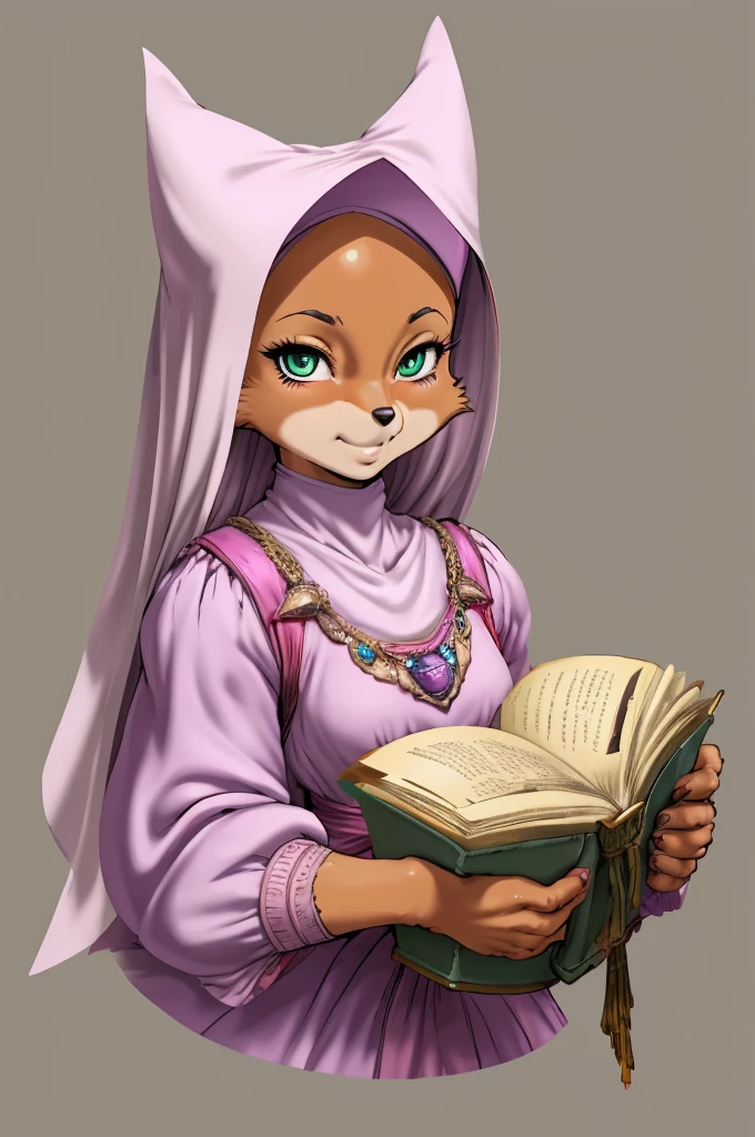 fox, furry female anthro,HD,sharp,girl((anthro)),1girl,adult lady,(look at viewer) ,(perfect eyes),((brown skin)),(beige skin),maidmarian,green eyes,by dr comet,by pochincoff, by jlullaby,by kingbang,by obui,by ZeroQrisu,by sparrow,by gmeen,princess,pink outfit,((simple background)),(gray background)