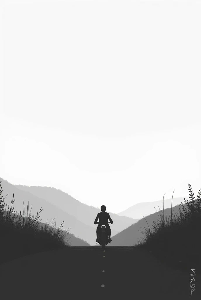 Black and white images of a lone biker with a landscape in the background that conveys peace.