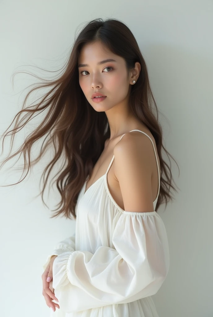 A 30-year-old woman standing against a white wall,Long Hair,Fluttering Hair,White Dress,White skin,Double Eyes,Natural Makeup