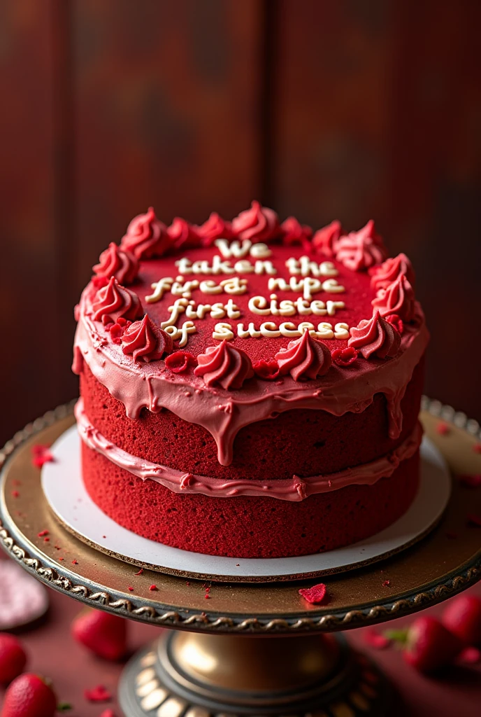 I want a really cake with we stepped the frst stone of success in a attractive way not the same words but that give the same meaning written on it it should be red velvet