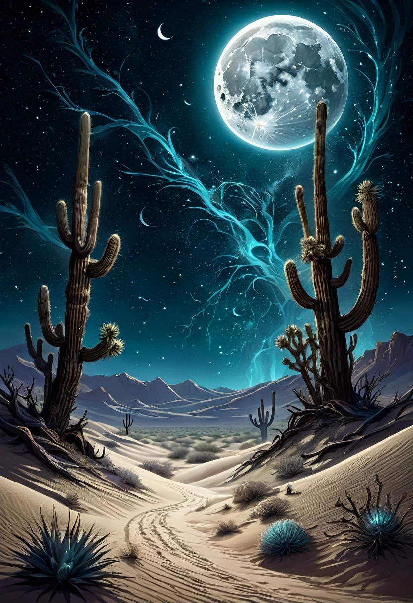 **Prompt:**
A hauntingly beautiful desert landscape under a dark, starry sky, with the moon casting an eerie glow over the vast, barren sands. The environment is mysterious and tranquil, with the stars twinkling brightly above. The scene should evoke a sense of solitude and wonder, combining elements of dark fantasy and surreal realism with high contrast lighting and intricate details —ar 2:3 —q 2 —v 5.1.