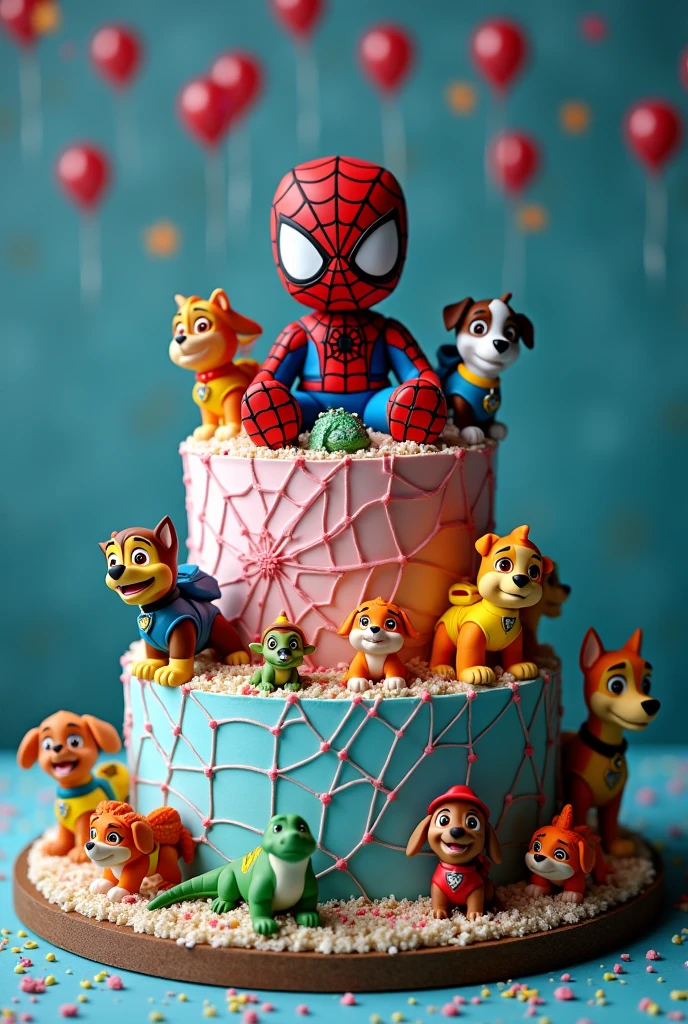Spider-Man birthday party cake, with the paw patrol and dinosaurs