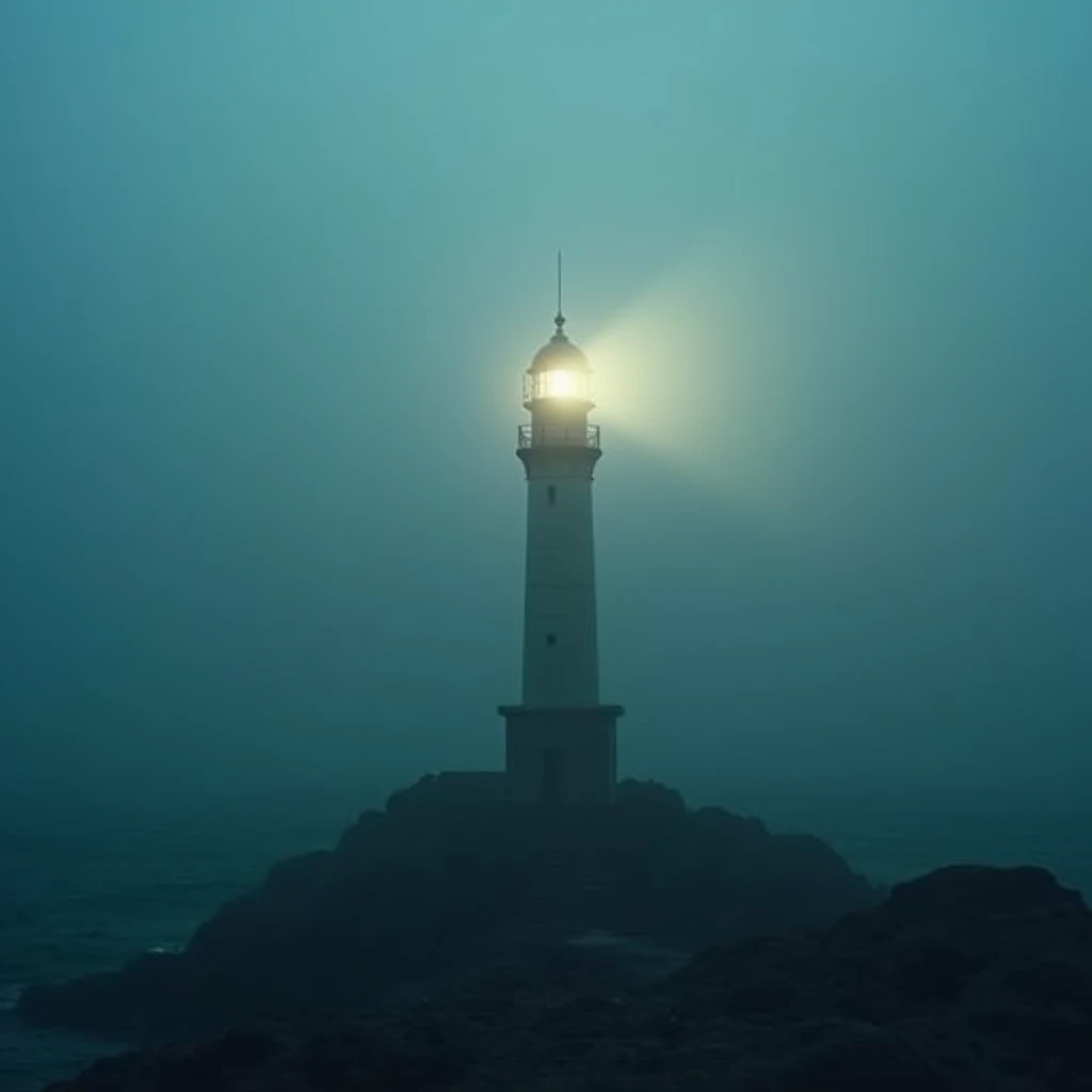 (Mysterious thick Fog), A  lighthouse emits a faint light in the thick fog by the seaside. Capture the trajectory of the lighthouse's beam in fog using a slow shutter speed, emphasizing its navigation role in fog. Beautiful cinematic lighting, surreal, RAW photo, color graded, dynamic movement, captivating chiaroscuro, full body, award-winning, cinematic still, emotional, vignette, dynamic, vivid, (masterpiece, best quality, photorealistic, Professional, perfect composition, very aesthetic, absurdres, ultra-detailed, intricate details:1.3)