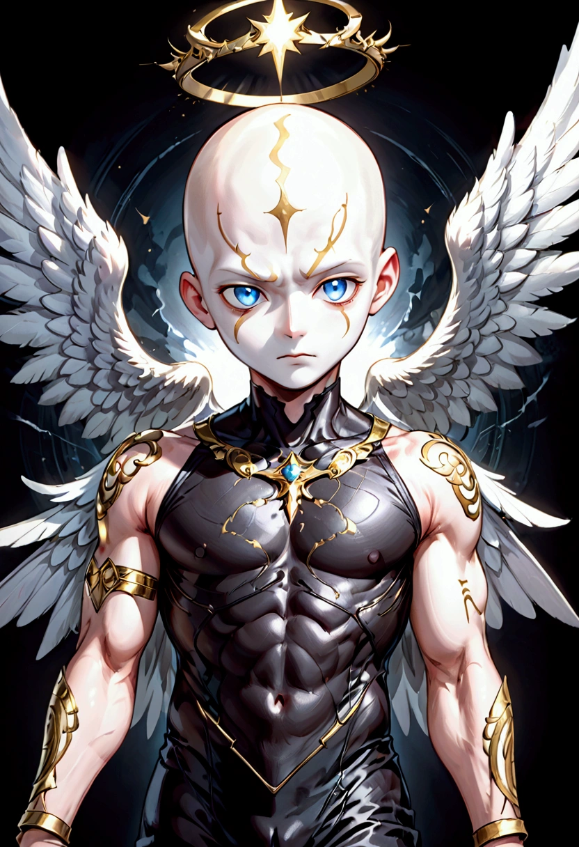 a male character who has no mouth (mouthless), platinum silver skin, bald, three amazing eyes, angel wings with eyes, very short, has white symbols and markings on head, has a halo on forearm, (nice style cartoon)