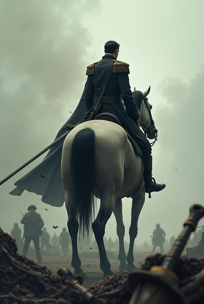 make a mysterious soldier, watching the whole war happened in front. alot died, and some have alot of wounds. while he doesn't even have 1 bruise. he's holding a sword while sitting in a horse. they're not in the middle of the war, they're at the front of the camera which takes up to 50% of the photo. make it more like anime. the horse doesn't even show it's whole body, the soldier too. they're too close at the camera. make it more like anime