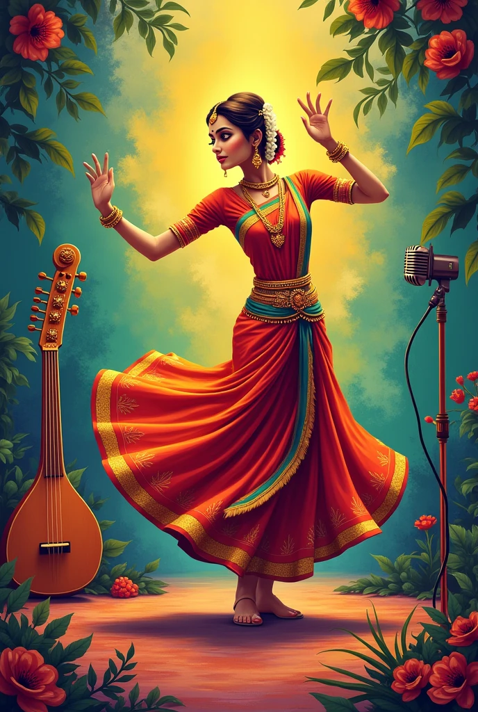 Please generate a poster background with instrument Veena, a microphone, a girl dancing mohiniyattam , a painting brush