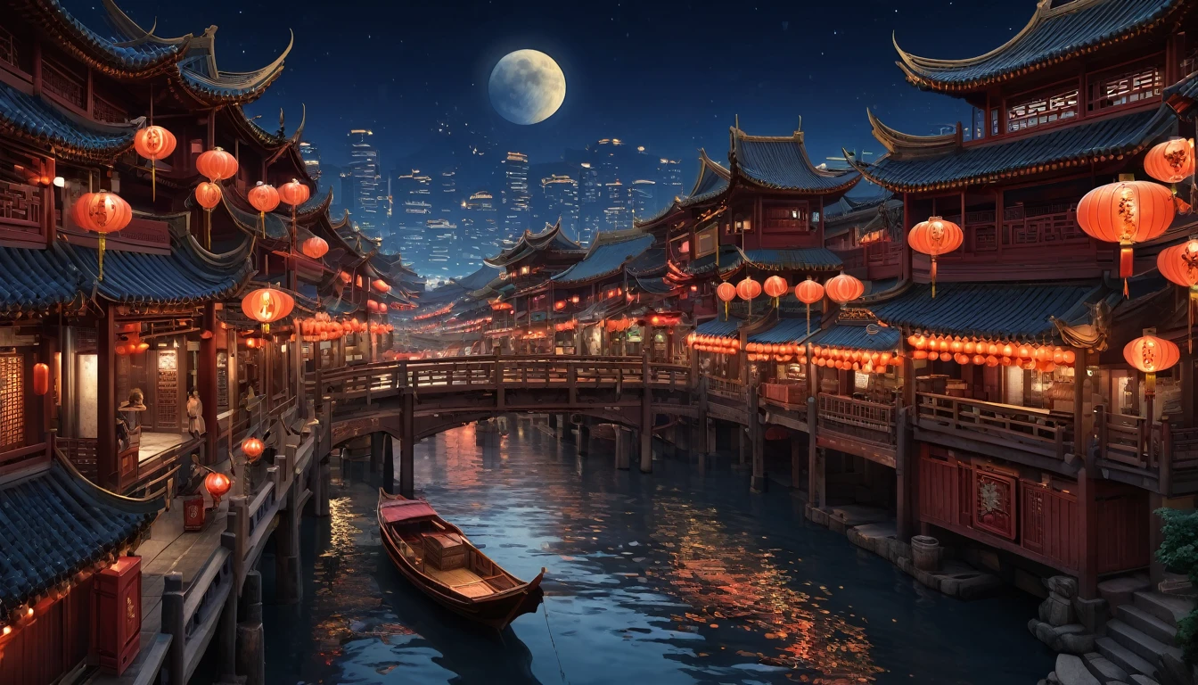 masterpiece, top-quality, depth of fields, high details, 8K, anime a night scene of china town, lots of shop outlets, chinese lanterns, detailed background, high angle view, beside a river, wooden boats, a large bridge on the front, moon