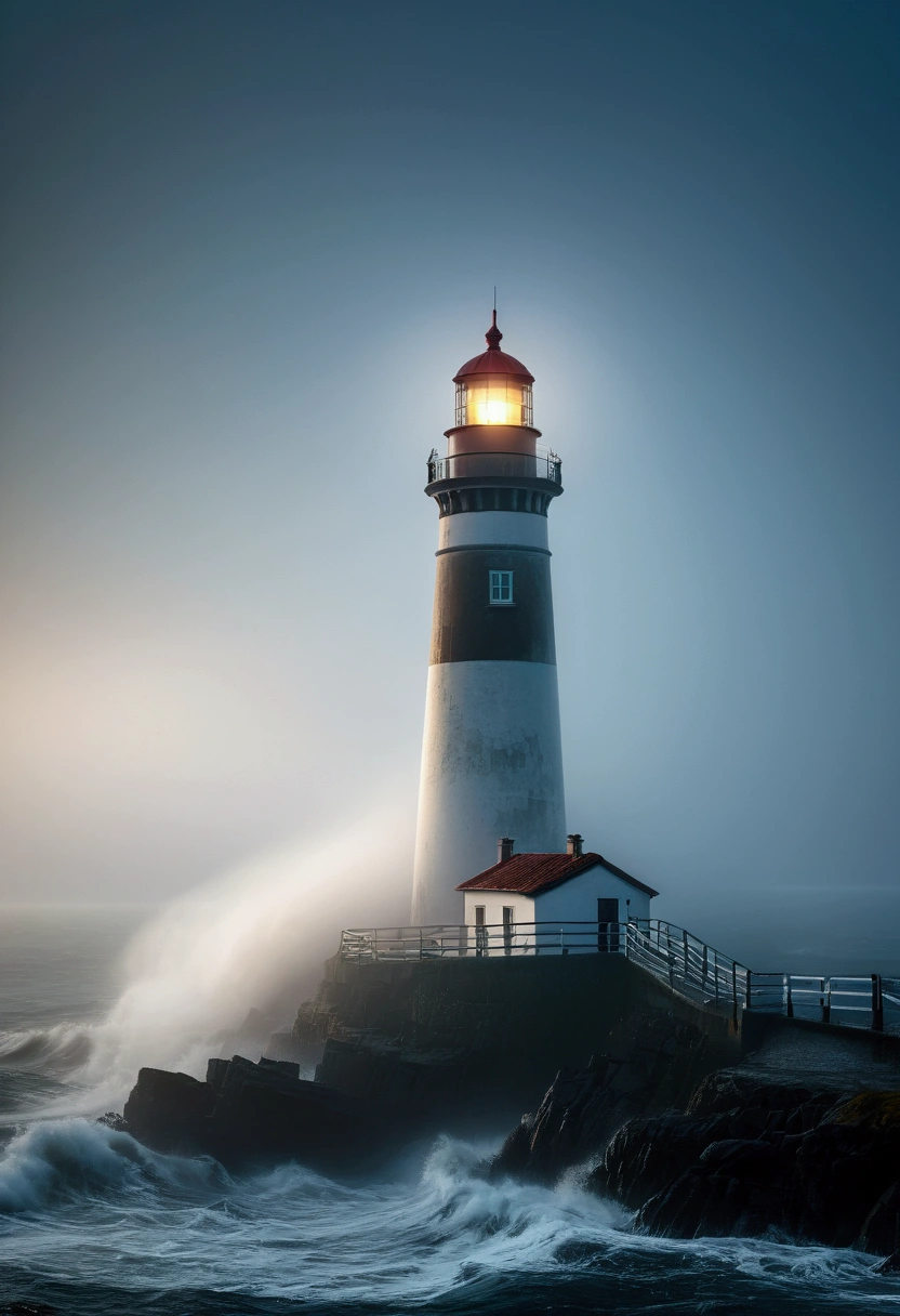 (Mysterious thick Fog), A  lighthouse emits a faint light in the thick fog by the seaside. Capture the trajectory of the lighthouse's beam in fog using a slow shutter speed, emphasizing its navigation role in fog. Beautiful cinematic lighting, surreal, RAW photo, color graded, dynamic movement, captivating chiaroscuro, full body, award-winning, cinematic still, emotional, vignette, dynamic, vivid, (masterpiece, best quality, photorealistic, Professional, perfect composition, very aesthetic, absurdres, ultra-detailed, intricate details:1.3)