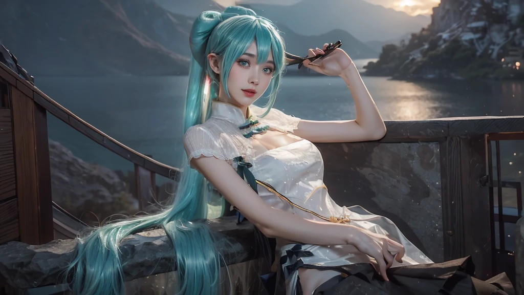 masterpiece,Game Art,Best picture quality,Maximum resolution,8k,(Upper Body),Unreal Engine 5 rendering works,Ray Tracing,RAW photos,(((Hatsune Miku Character))), (((Tosca Hair Color))), ((Long double ponytail hairstyle)), Enjoy the scenery, Focus on the Horizon, (((Perfect eyes))), (((Smile))), 21-year-old girl, Perfect body, (((Perfect anatomical structure))), Tosca Eye Color, Double eyelids, (((Small breasts))), Very detailed skin texture, (Realistic skin), Ultra-fine face, Delicate lips, (((Delicate eyes))), (((Double eyelids))), necklace, Moist skin, Wet hair, Simple background, (Front focus), (On the peaks:1.2), (((Night Atmosphere))), Deep Dark, Surrealist Portraits of Women by David Hockney and Alphonse Mucha, Fantasy Art, (((Photo-realistic))), ((Dynamic poses)), (((World Model Poses))), Dynamic Lighting, Art Station, poster, Volumetric Lighting, Very detailed faces, 4K, in the darkness, (((Night Atmosphere))), ((Deep Shadows)), Low profile, Cowboy shooting, (((Red long skirt))), Lighting Dress, (((Erotic lace dress))), (((stocking))),((3D Unreal Engine)),OC rendering reflection mode